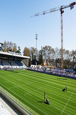 En attendant le match Bayonne - Toulon du 21 novembre, la pelouse semi-synthétique hybride du stade Jean-Dauger bénéficie d'un entretien méticuleux - Agrandir l'image (fenêtre modale)