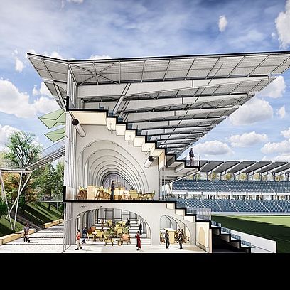 Plus proche du terrain, la future tribune Est - ici vue de coupe, comprendra un espace dédié aux partenaires du club.